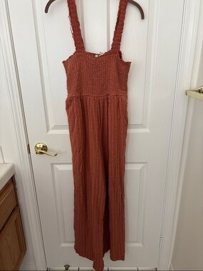 Roxy Rust Red Textured Smocked Jumpsuit